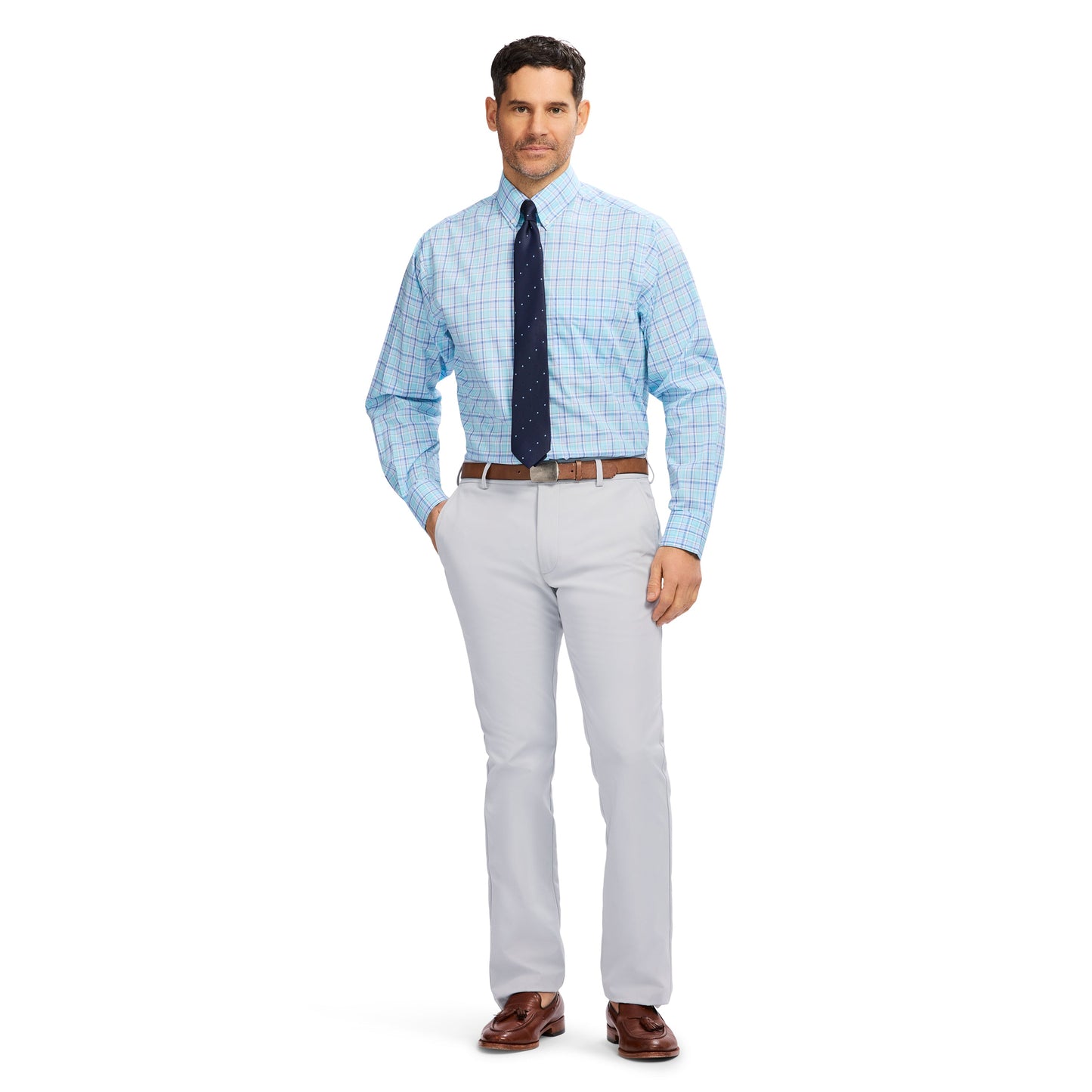 Izod All Over Stretch Plaid Button Down Dress Shirt (Button Down Collar) - Limpet Shell