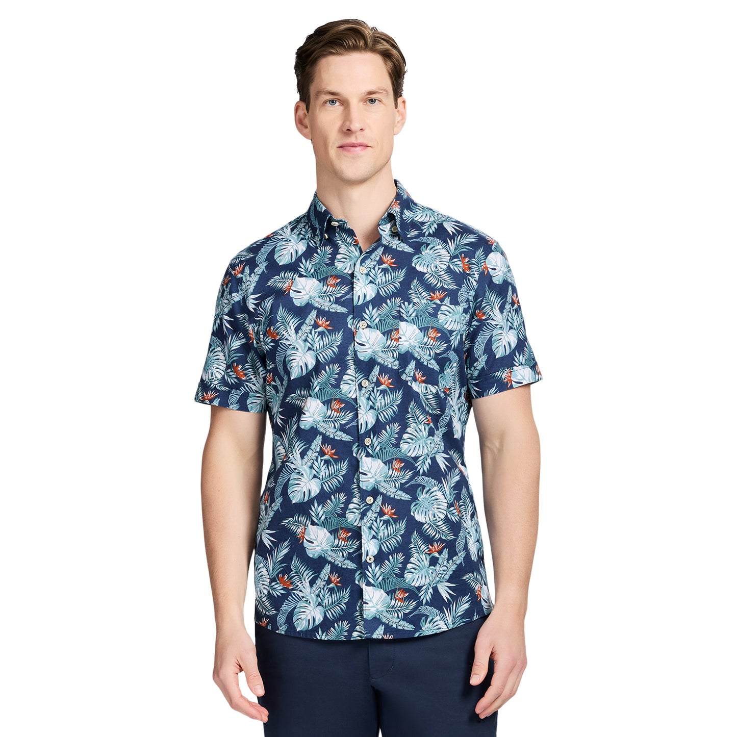 Izod DOCKSIDE CHAMBRAY SHORT SLEEVE PRINTED BUTTON DOWN SHIRT - SARGASSO SE