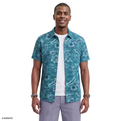 Izod DOCKSIDE CHAMBRAY SHORT SLEEVE PRINTED BUTTON DOWN SHIRT - ANTIGUA SAN