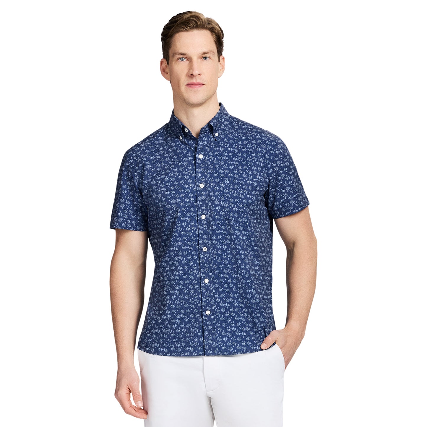 Izod BREEZE SHORT SLEEVE PRINTED BUTTON DOWN SHIRT - MEDIEVAL BLUE