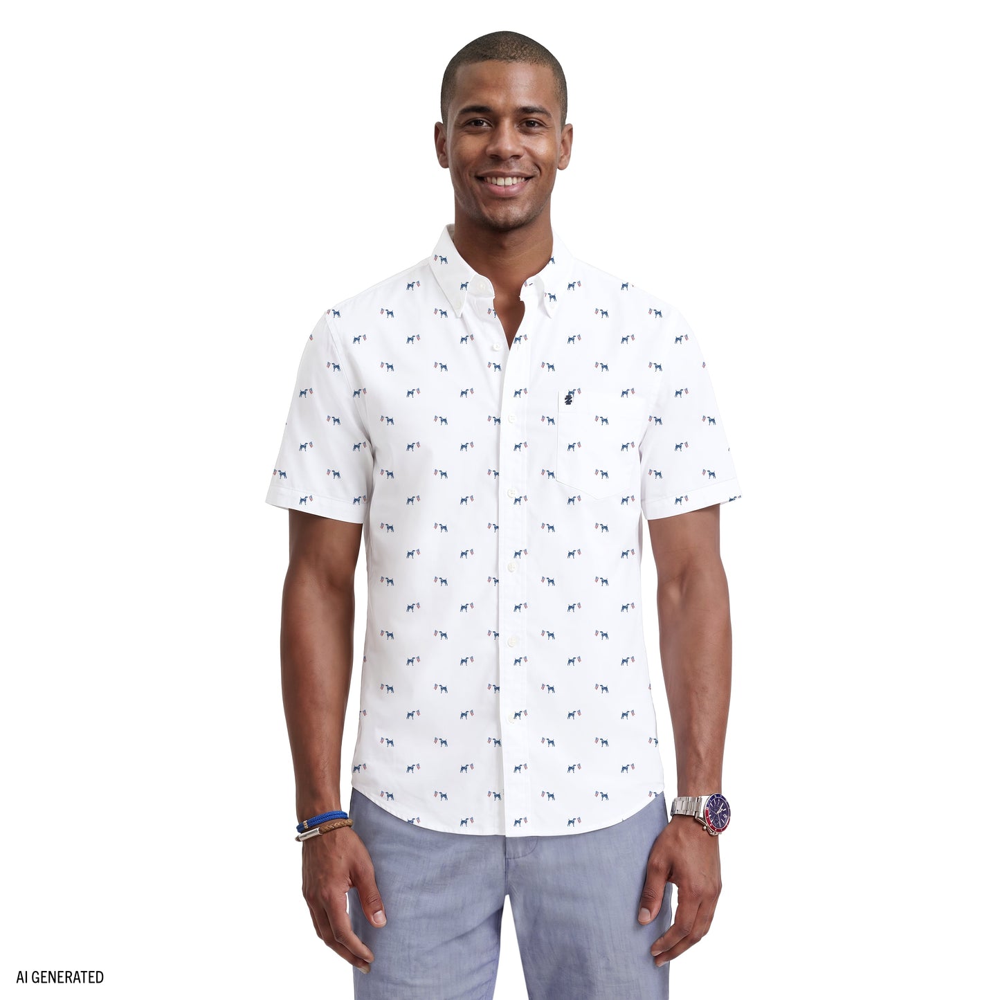 Izod BREEZE SHORT SLEEVE PRINTED BUTTON DOWN SHIRT - BRIGHT WHITE