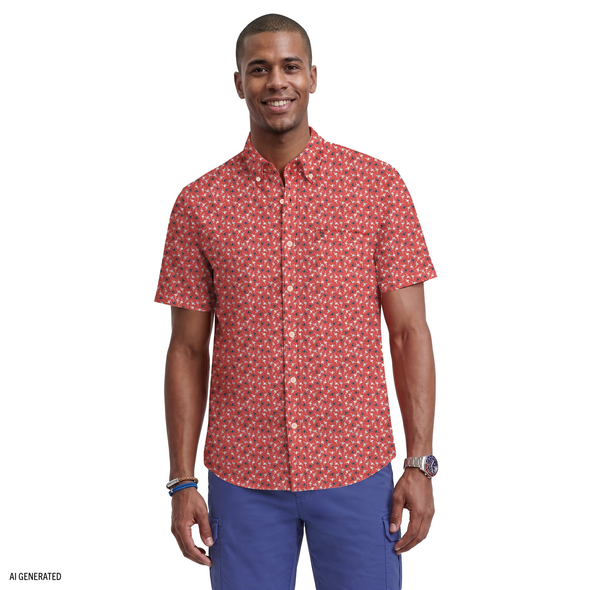 Izod BREEZE SHORT SLEEVE PRINTED BUTTON DOWN SHIRT - GARNET ROSE