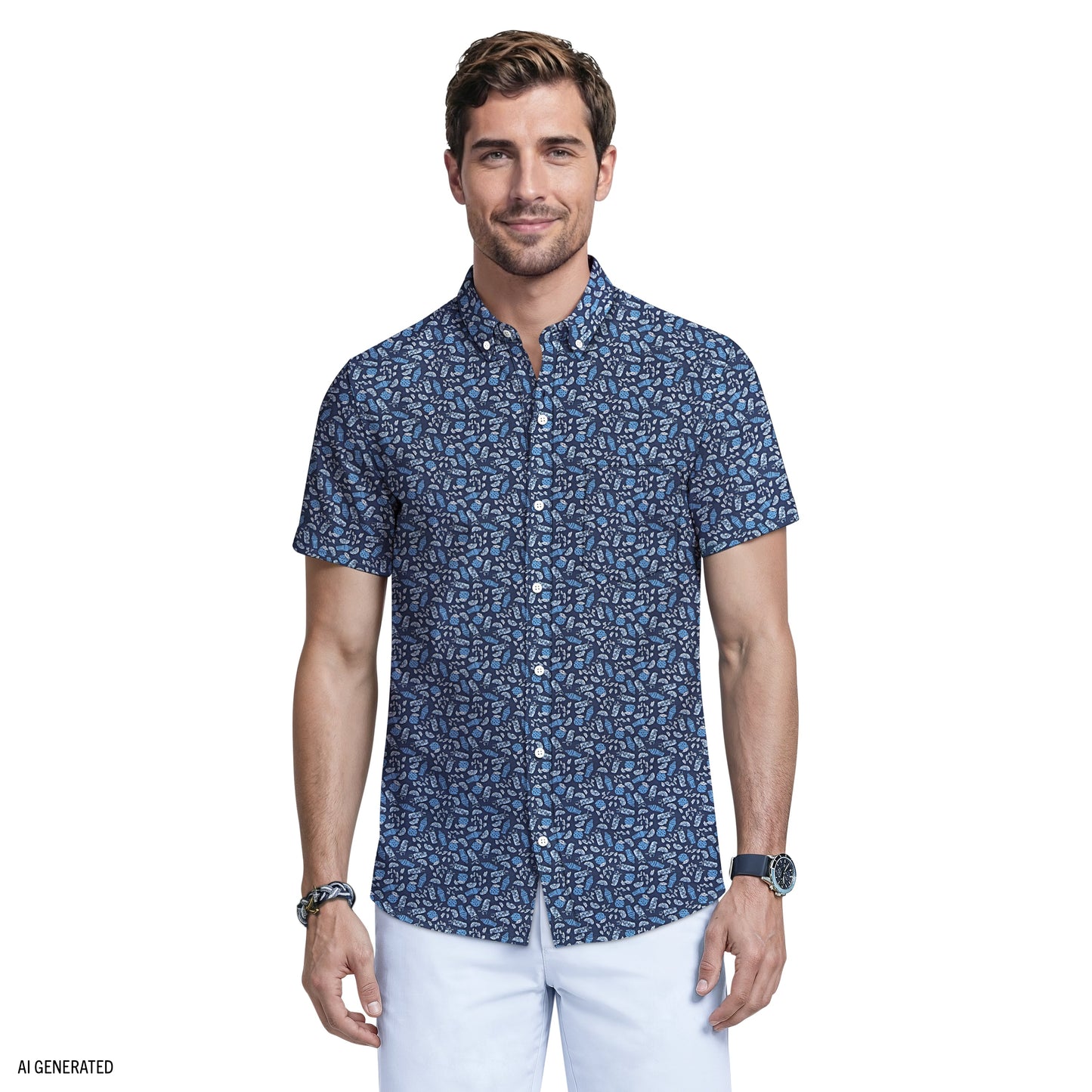 Izod BREEZE SHORT SLEEVE PRINTED BUTTON DOWN SHIRT - MEDIEVAL BLUE