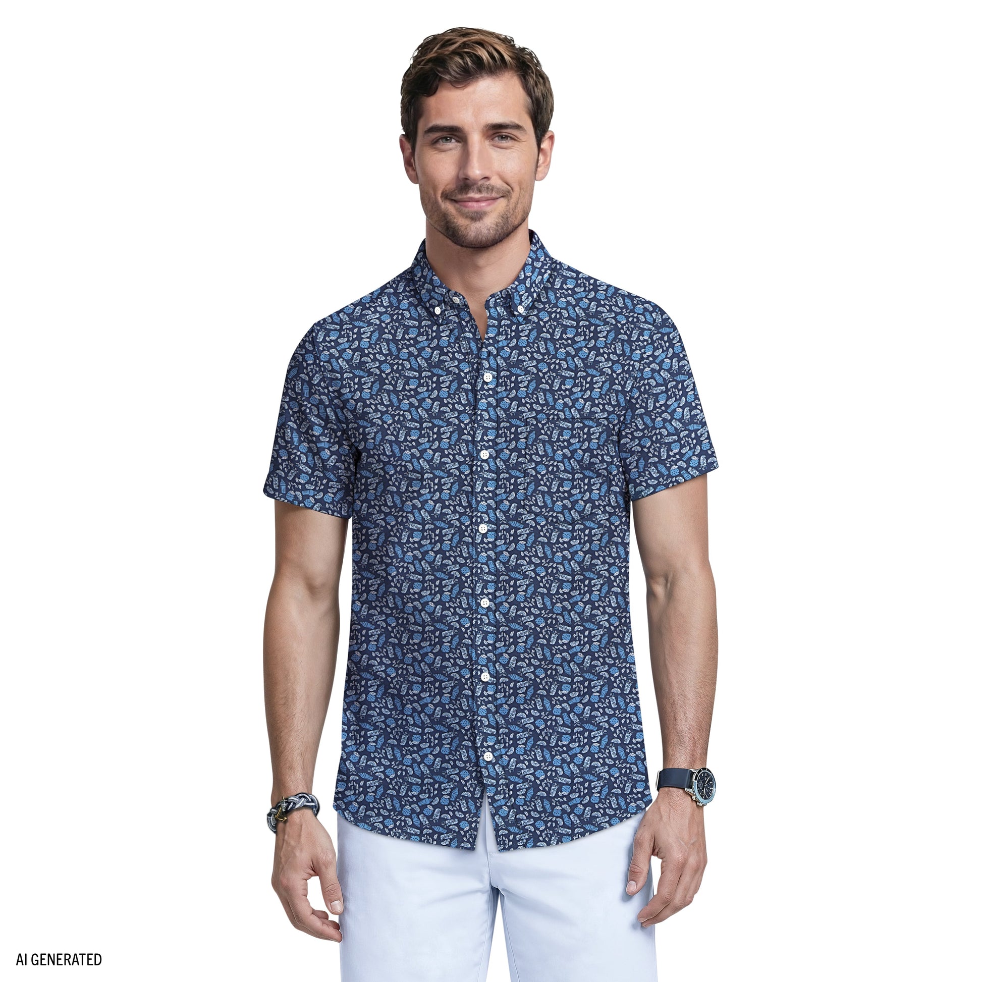 Izod BREEZE SHORT SLEEVE PRINTED BUTTON DOWN SHIRT - MEDIEVAL BLUE