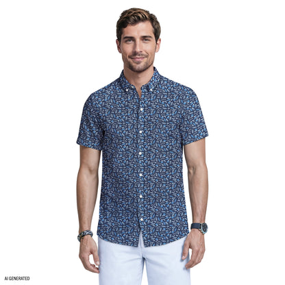 Izod BREEZE SHORT SLEEVE PRINTED BUTTON DOWN SHIRT - MEDIEVAL BLUE