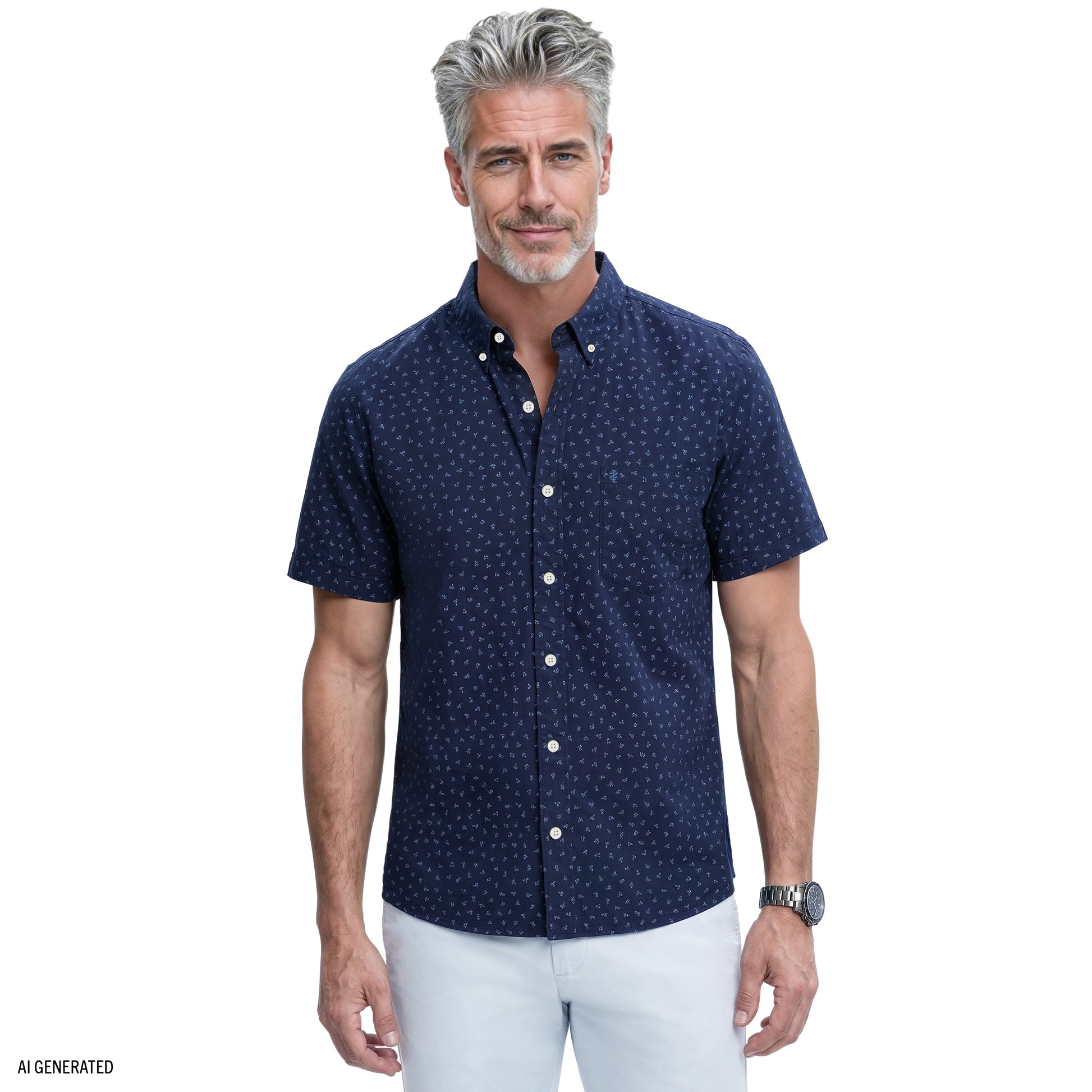 Izod BREEZE S/S PRINTED BUTTON-DOWN SHIRT - LICHEN BLUE