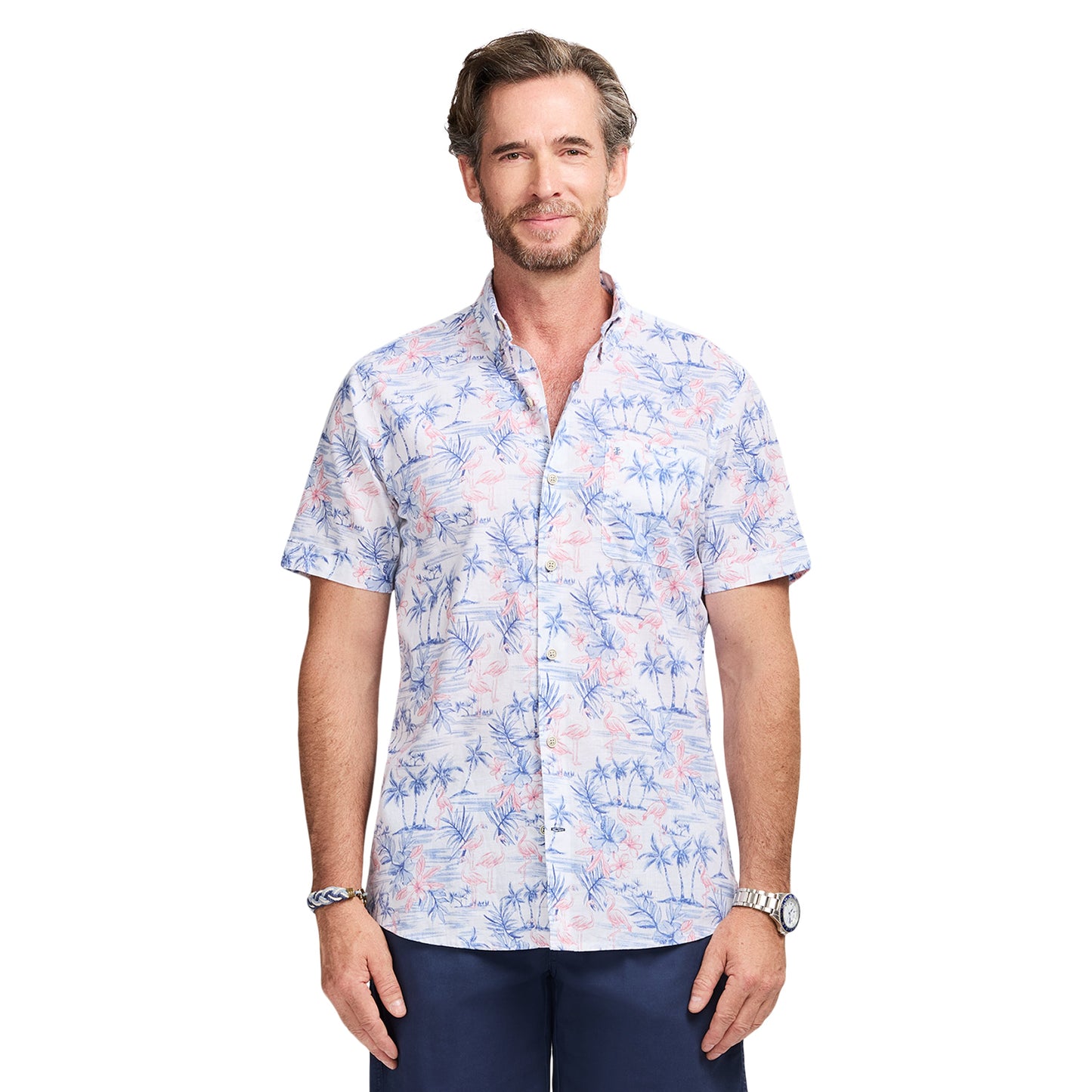 Izod DOCKSIDE CHAMBRAY S/S PRINTED BUTTON-DOWN SHIRT - BRIGHT WHITE