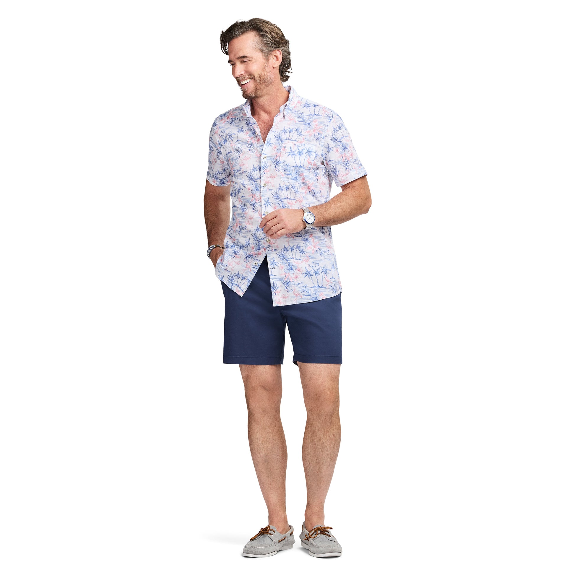 Izod DOCKSIDE CHAMBRAY S/S PRINTED BUTTON-DOWN SHIRT - BRIGHT WHITE