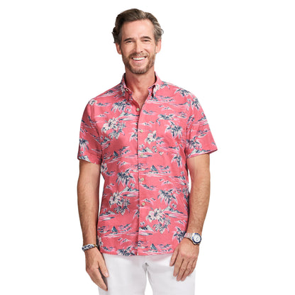 Izod DOCKSIDE CHAMBRAY S/S PRINTED BUTTON-DOWN SHIRT - PINK LEMONADE