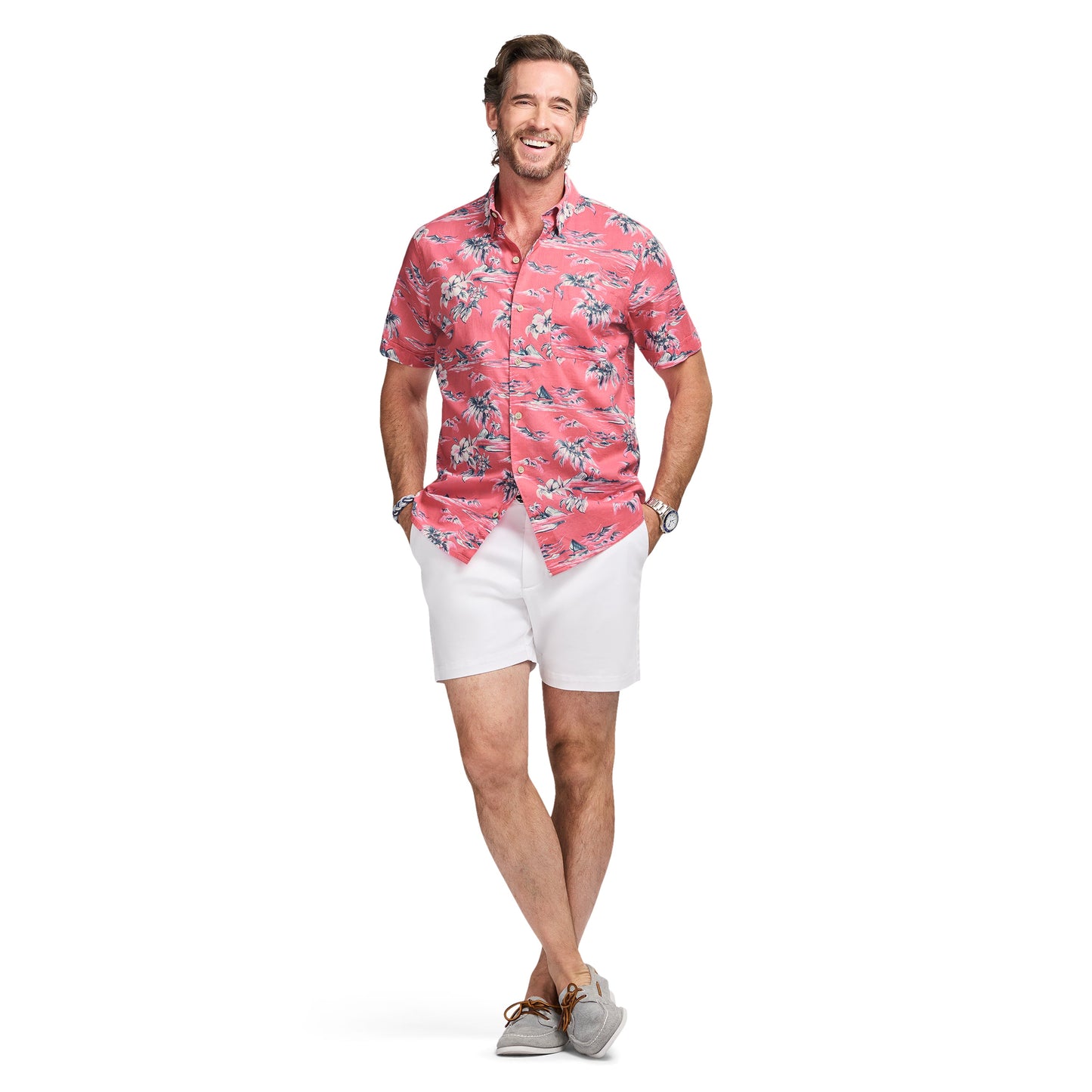 Izod DOCKSIDE CHAMBRAY S/S PRINTED BUTTON-DOWN SHIRT - PINK LEMONADE