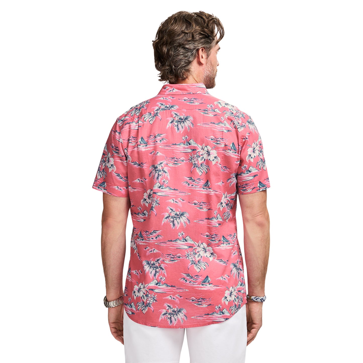 Izod DOCKSIDE CHAMBRAY S/S PRINTED BUTTON-DOWN SHIRT - PINK LEMONADE
