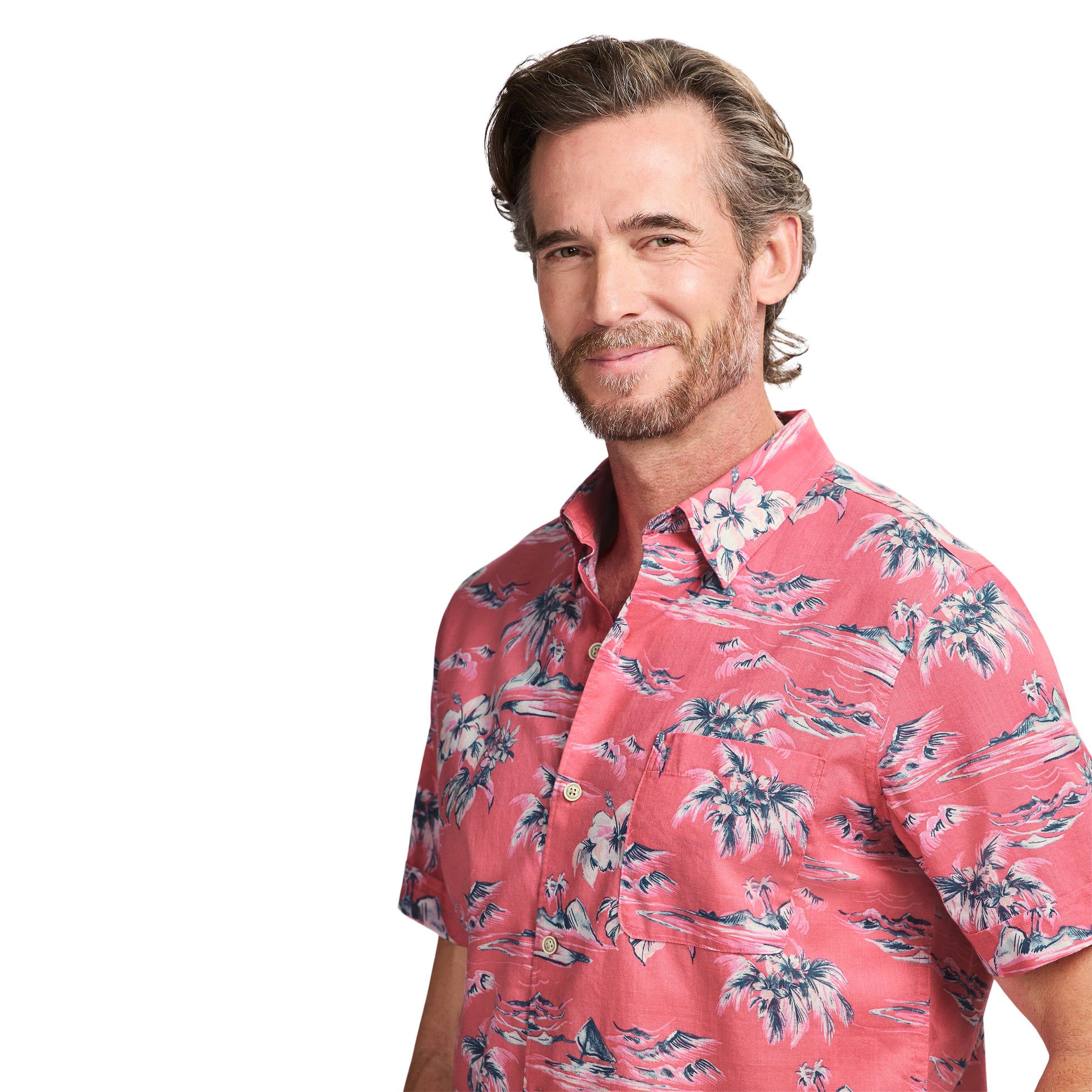 Izod DOCKSIDE CHAMBRAY S/S PRINTED BUTTON-DOWN SHIRT - PINK LEMONADE