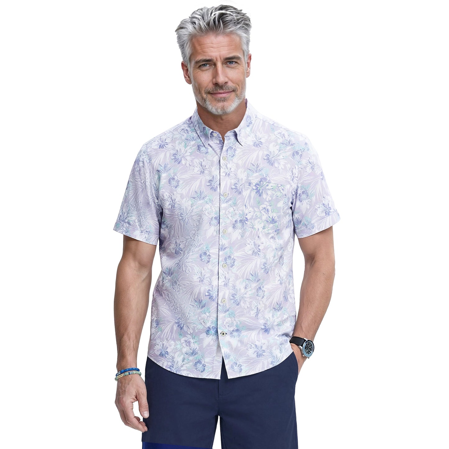 Izod DOCKSIDE CHAMBRAY S/S PRINTED BUTTON-DOWN SHIRT - CHAMBRAY BLUE