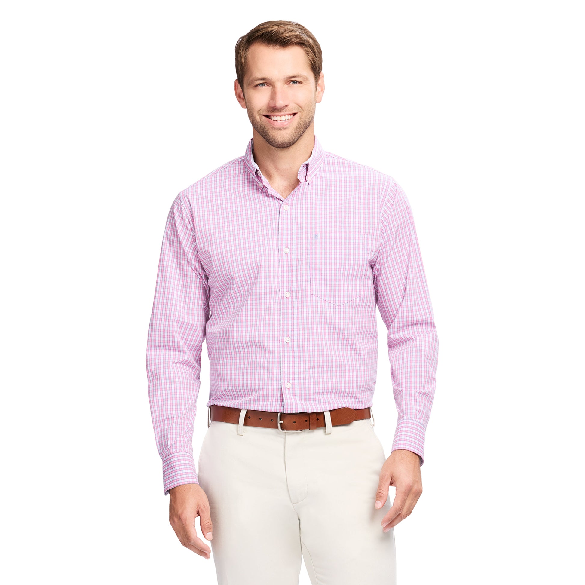 Izod PERFORMANCE COMFORT L/S BUTTON-DOWN SHIRT - PINK LEMONADE