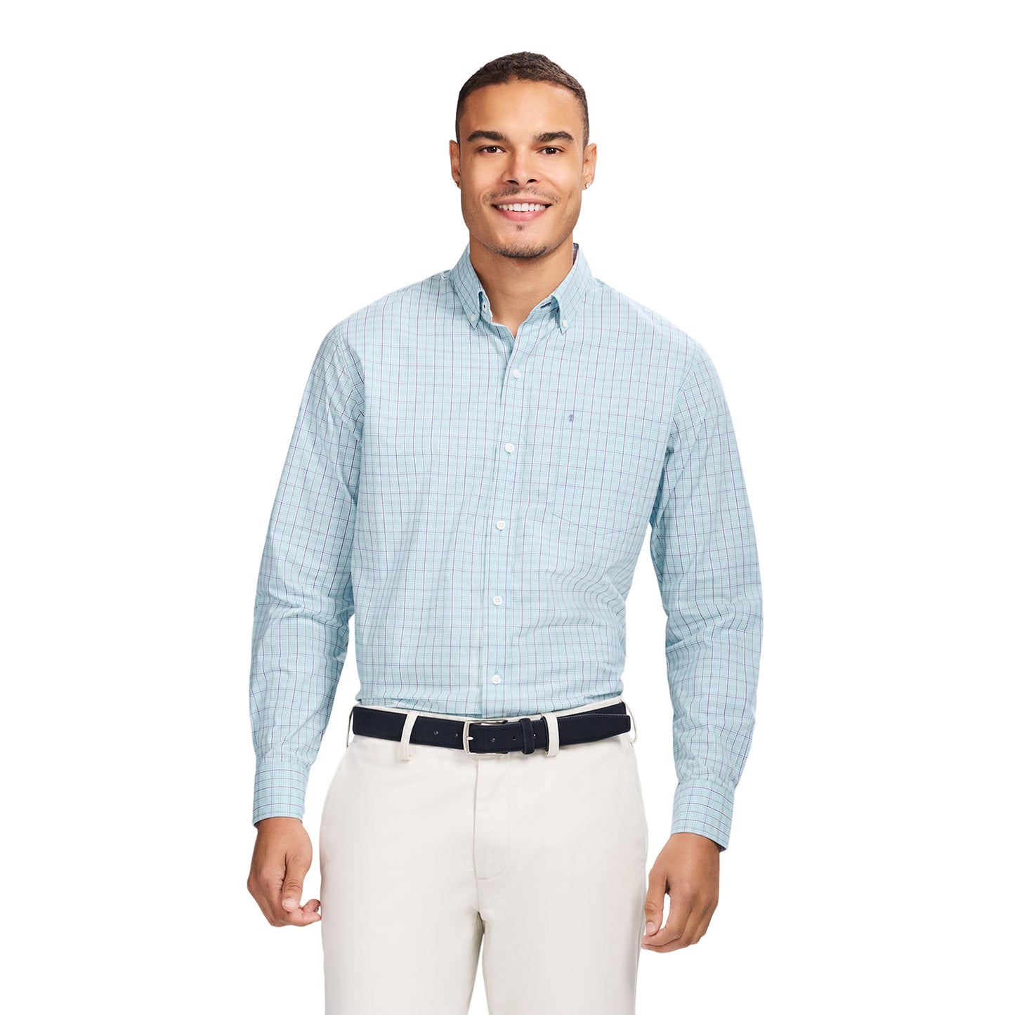 Izod PERFORMANCE COMFORT L/S PLAID BUTTON-DOWN SHIRT - TANAGER TURQUOISE