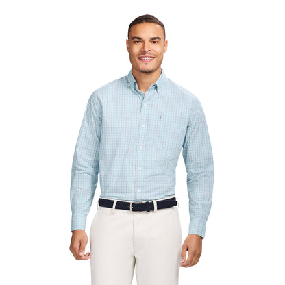 Izod PERFORMANCE COMFORT L/S PLAID BUTTON-DOWN SHIRT - TANAGER TURQUOISE