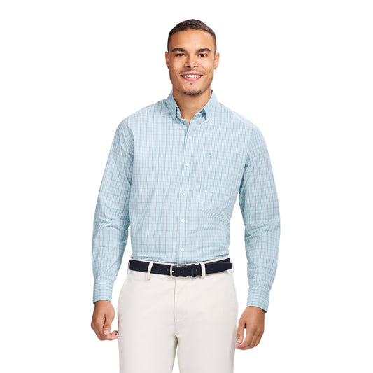 Izod PERFORMANCE COMFORT L/S PLAID BUTTON-DOWN SHIRT - TANAGER TURQUOISE