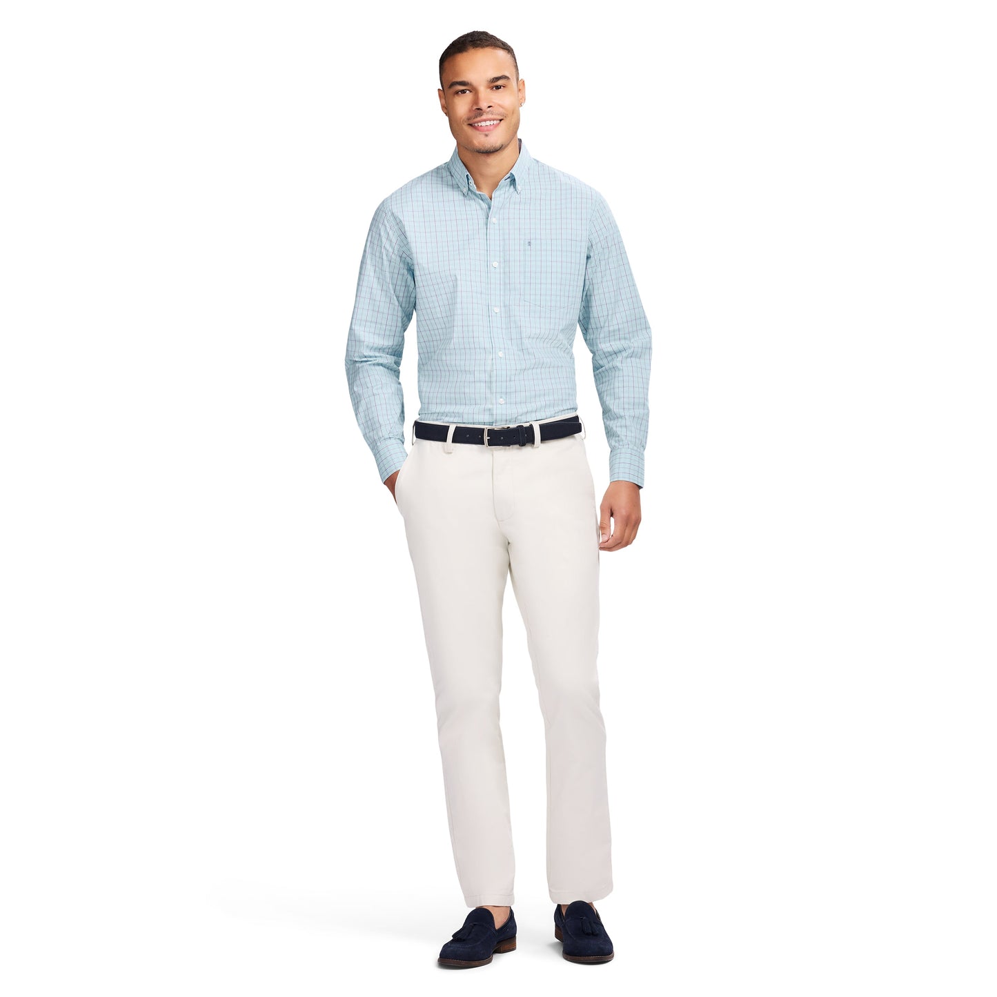 Izod PERFORMANCE COMFORT L/S PLAID BUTTON-DOWN SHIRT - TANAGER TURQUOISE