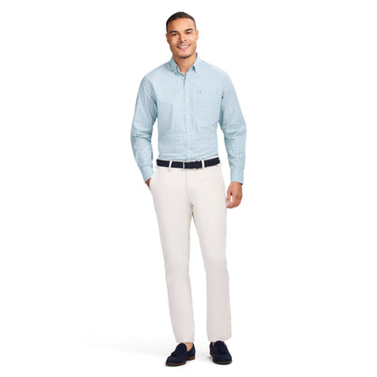 Izod PERFORMANCE COMFORT L/S PLAID BUTTON-DOWN SHIRT - TANAGER TURQUOISE