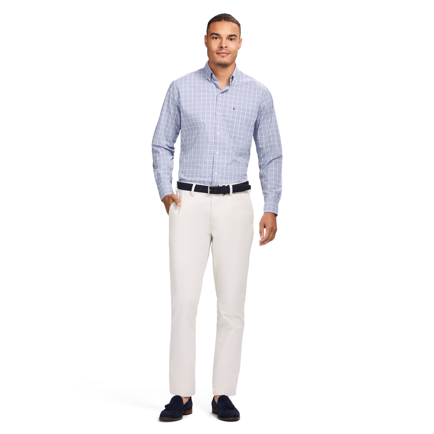Izod PERFORMANCE COMFORT L/S PLAID BUTTON-DOWN SHIRT - CHAMBRAY BLUE