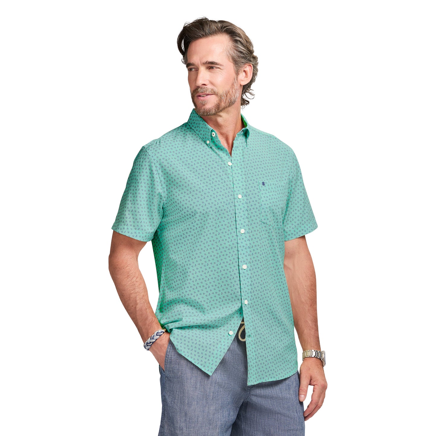Izod BREEZE S/S PRINTED BUTTON-DOWN SHIRT - CABBAGE