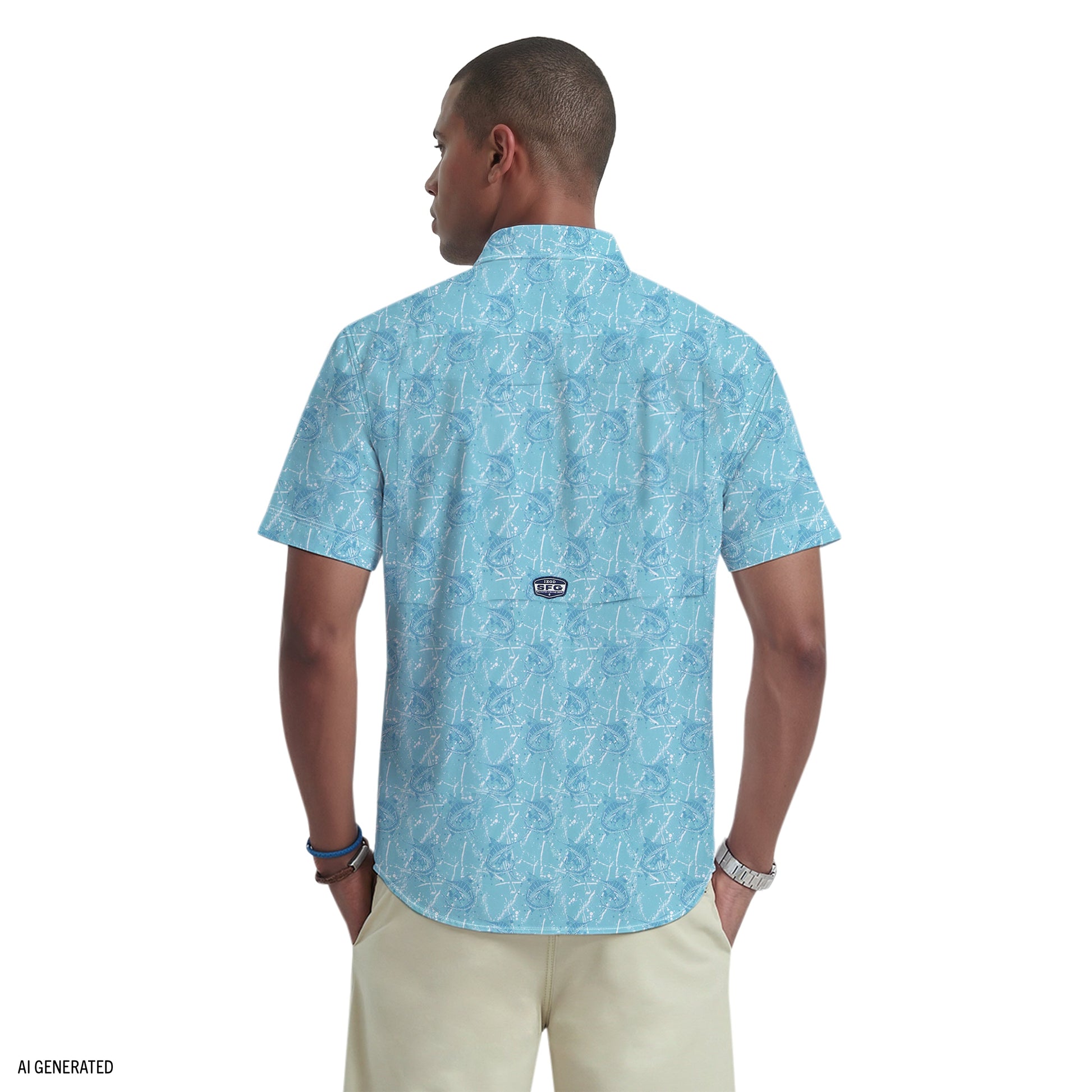 Izod SUNSHIELD PERFORMANCE S/S PRINTED BUTTON-DOWN SHIRT - MILKY BLUE