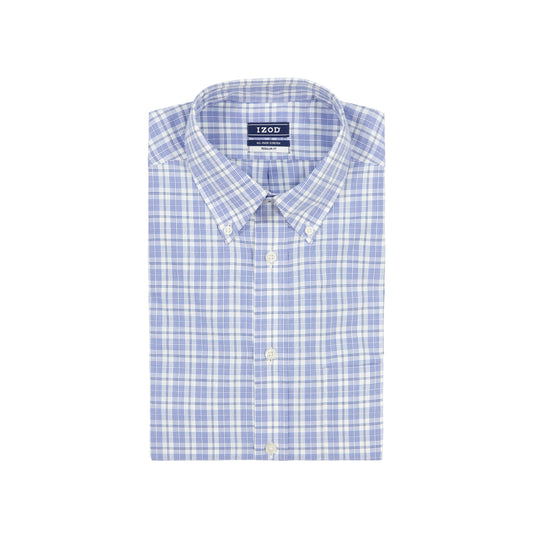 Izod ALL-OVER STRETCH L/S PLAID BUTTON-DOWN DRESS SHIRT - CHAMBRAY BLUE