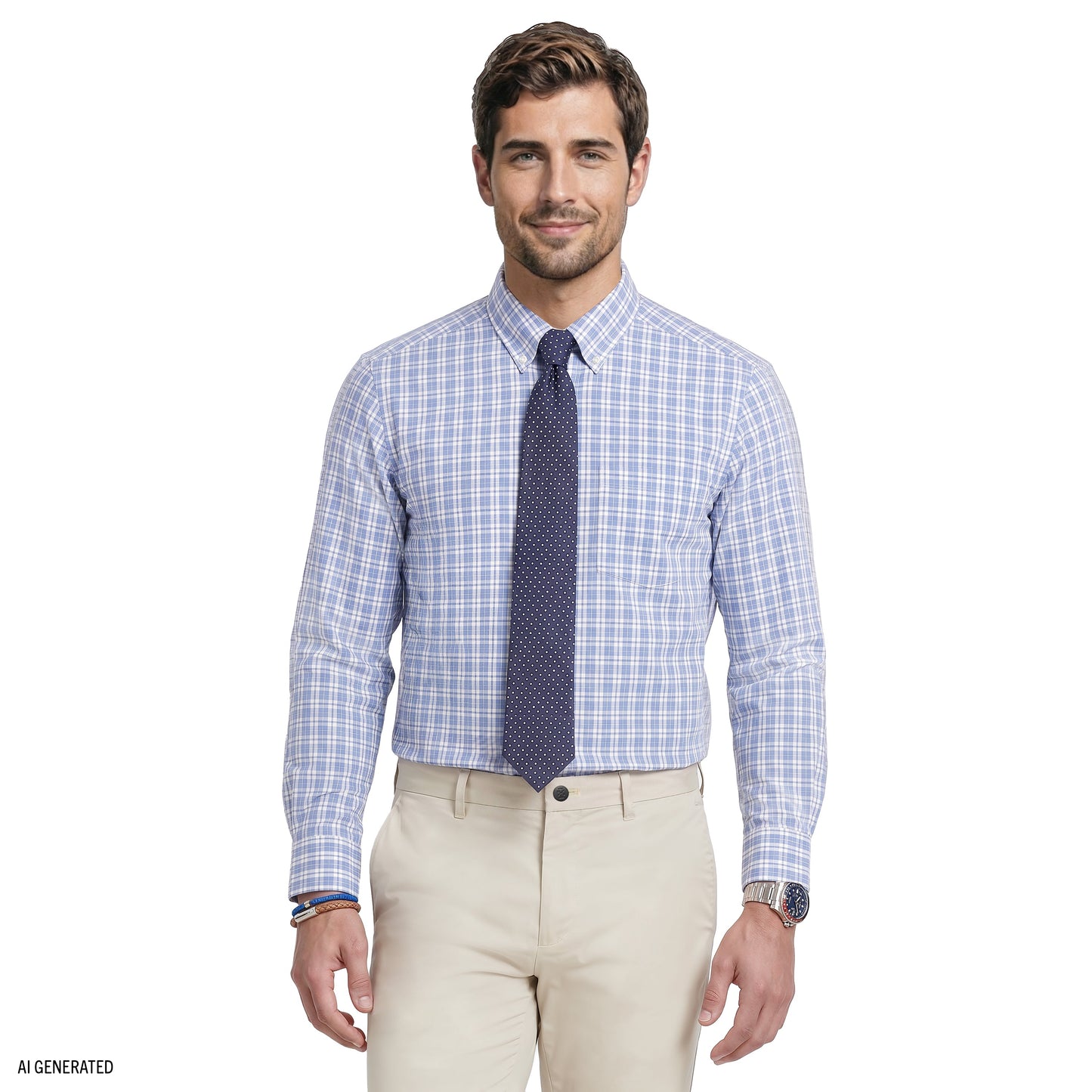 Izod ALL-OVER STRETCH L/S PLAID BUTTON-DOWN DRESS SHIRT - CHAMBRAY BLUE