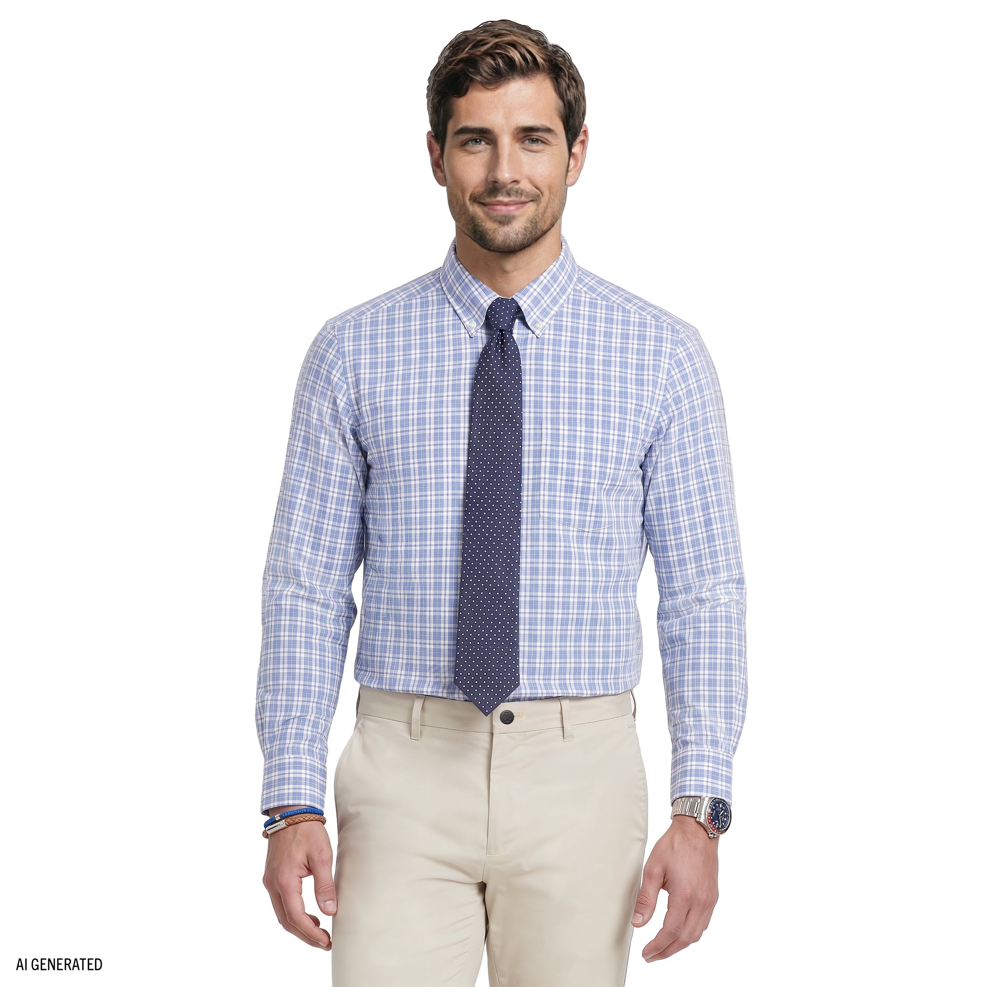Izod ALL-OVER STRETCH L/S PLAID BUTTON-DOWN DRESS SHIRT - CHAMBRAY BLUE