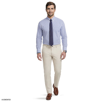 Izod ALL-OVER STRETCH L/S PLAID BUTTON-DOWN DRESS SHIRT - CHAMBRAY BLUE