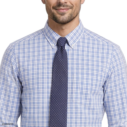 Izod ALL-OVER STRETCH L/S PLAID BUTTON-DOWN DRESS SHIRT - CHAMBRAY BLUE