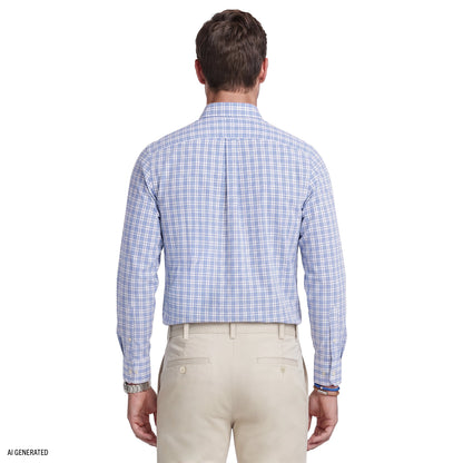 Izod ALL-OVER STRETCH L/S PLAID BUTTON-DOWN DRESS SHIRT - CHAMBRAY BLUE