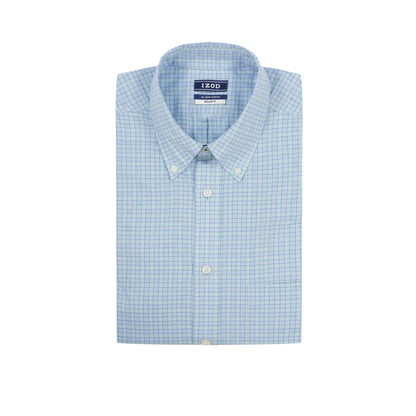 Izod ALL-OVER STRETCH L/S PLAID BUTTON-DOWN DRESS SHIRT - MARINE BLUE