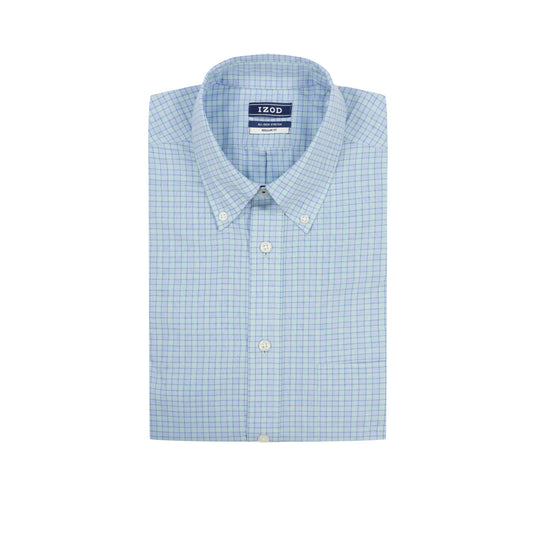 Izod ALL-OVER STRETCH L/S PLAID BUTTON-DOWN DRESS SHIRT - MARINE BLUE