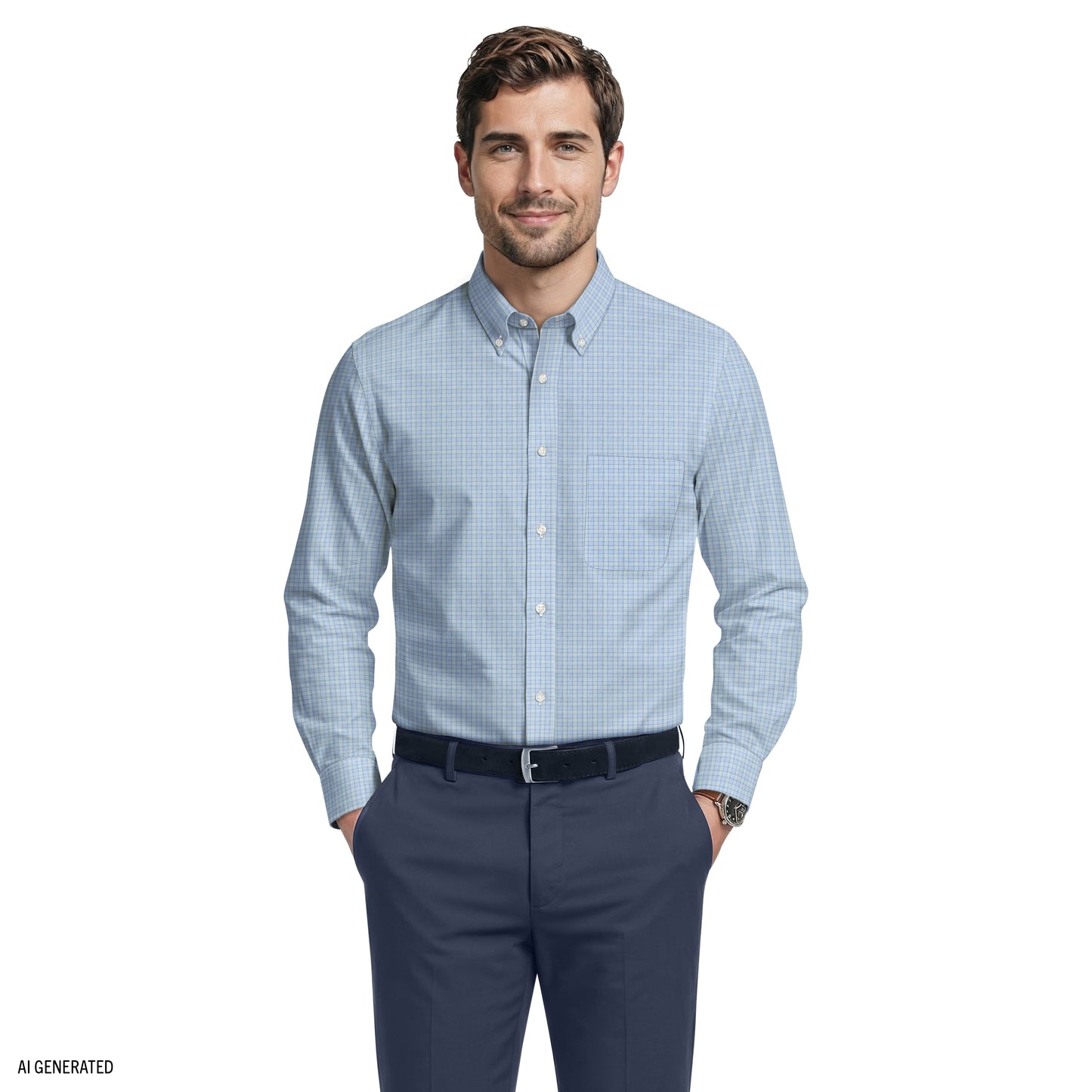 Izod ALL-OVER STRETCH L/S PLAID BUTTON-DOWN DRESS SHIRT - MARINE BLUE