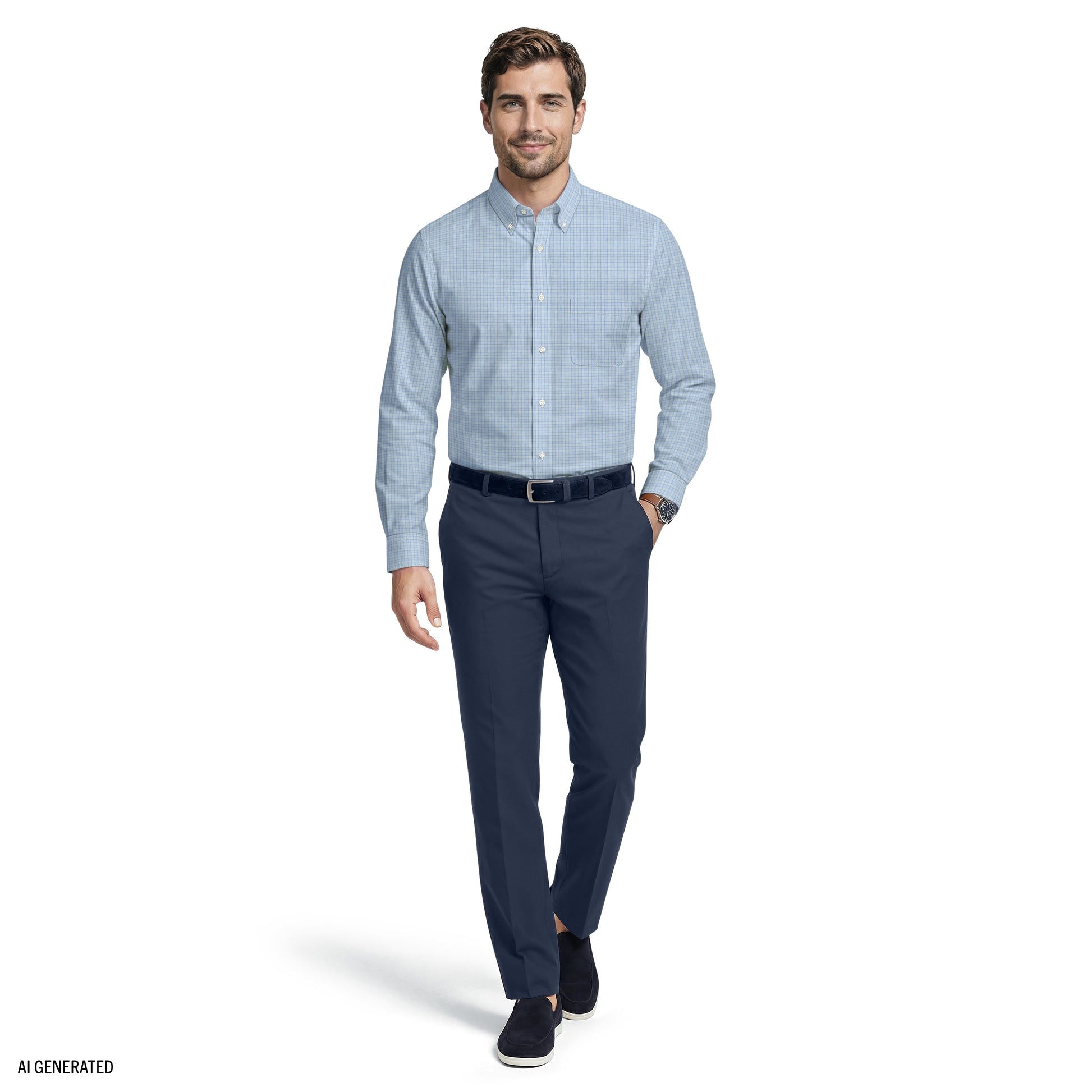 Izod ALL-OVER STRETCH L/S PLAID BUTTON-DOWN DRESS SHIRT - MARINE BLUE