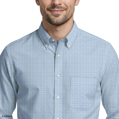 Izod ALL-OVER STRETCH L/S PLAID BUTTON-DOWN DRESS SHIRT - MARINE BLUE
