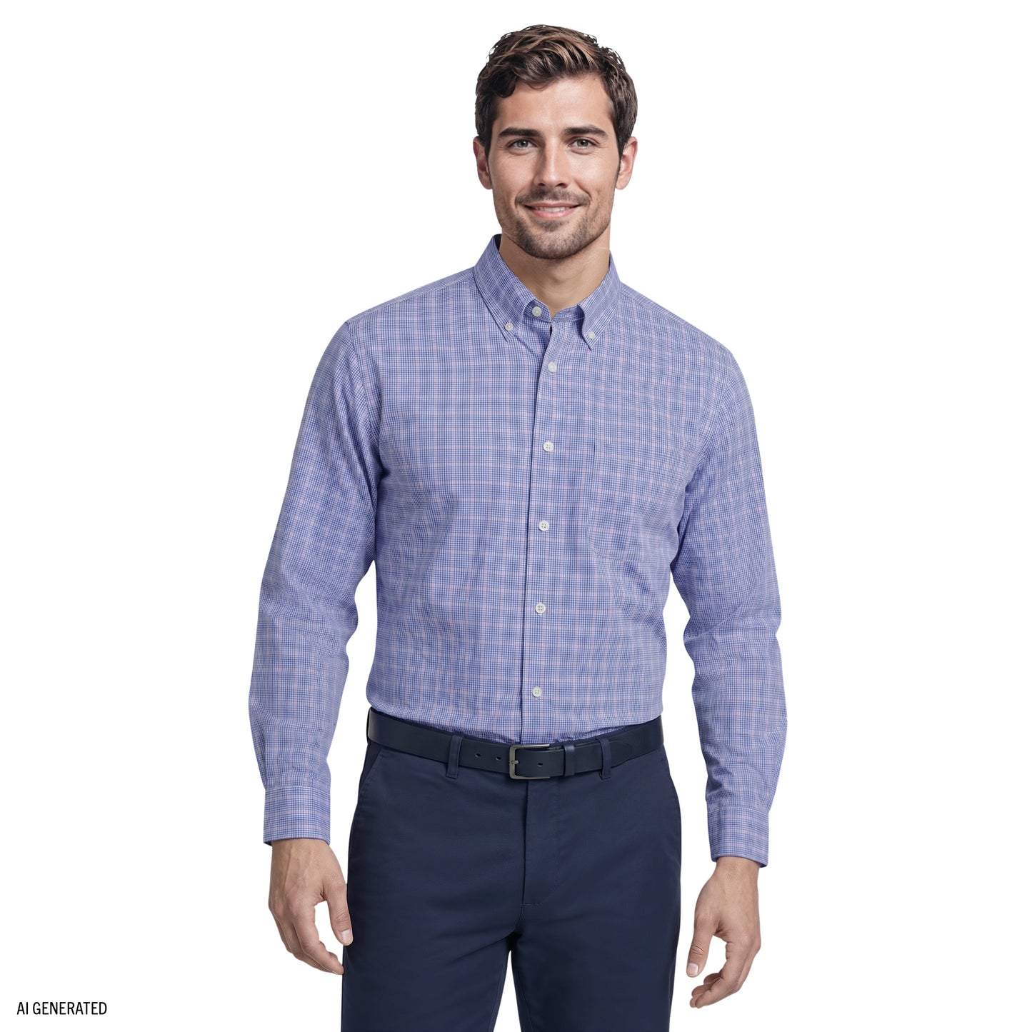 Izod ALL-OVER STRETCH L/S PLAID BUTTON-DOWN DRESS SHIRT - ULTRAMARINE