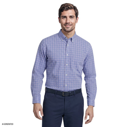 Izod ALL-OVER STRETCH L/S PLAID BUTTON-DOWN DRESS SHIRT - ULTRAMARINE