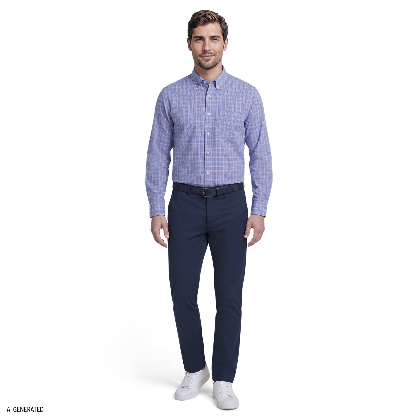 Izod ALL-OVER STRETCH L/S PLAID BUTTON-DOWN DRESS SHIRT - ULTRAMARINE