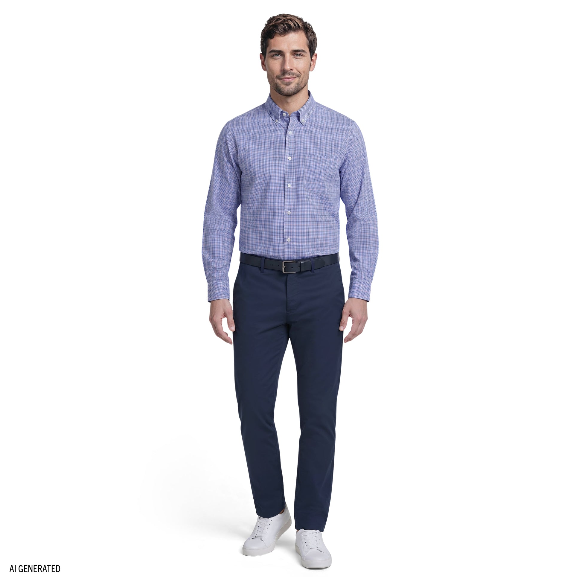 Izod ALL-OVER STRETCH L/S PLAID BUTTON-DOWN DRESS SHIRT - ULTRAMARINE