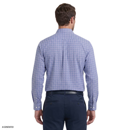 Izod ALL-OVER STRETCH L/S PLAID BUTTON-DOWN DRESS SHIRT - ULTRAMARINE