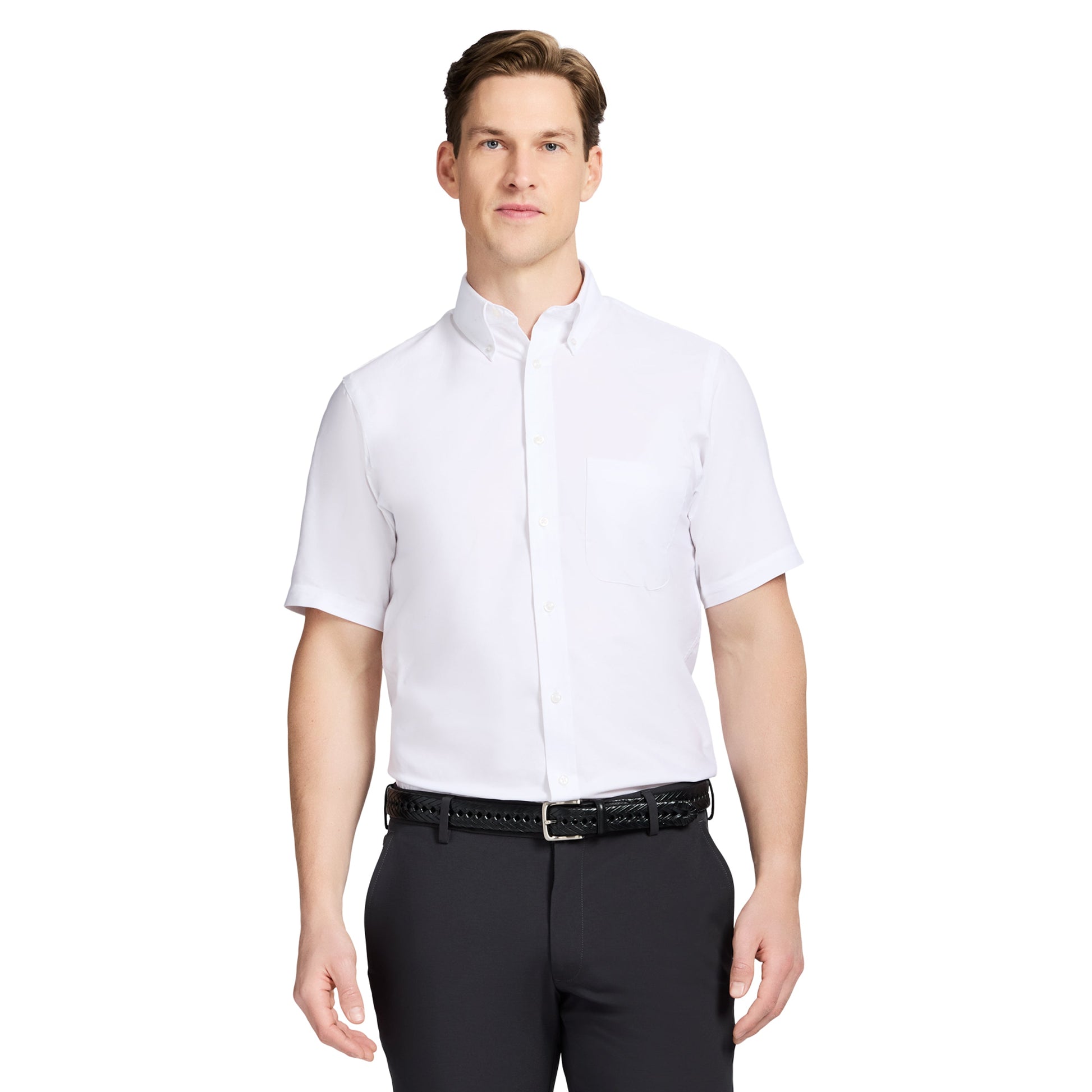 Izod ALL-OVER STRETCH S/S BUTTON-DOWN DRESS SHIRT - BRIGHT WHITE