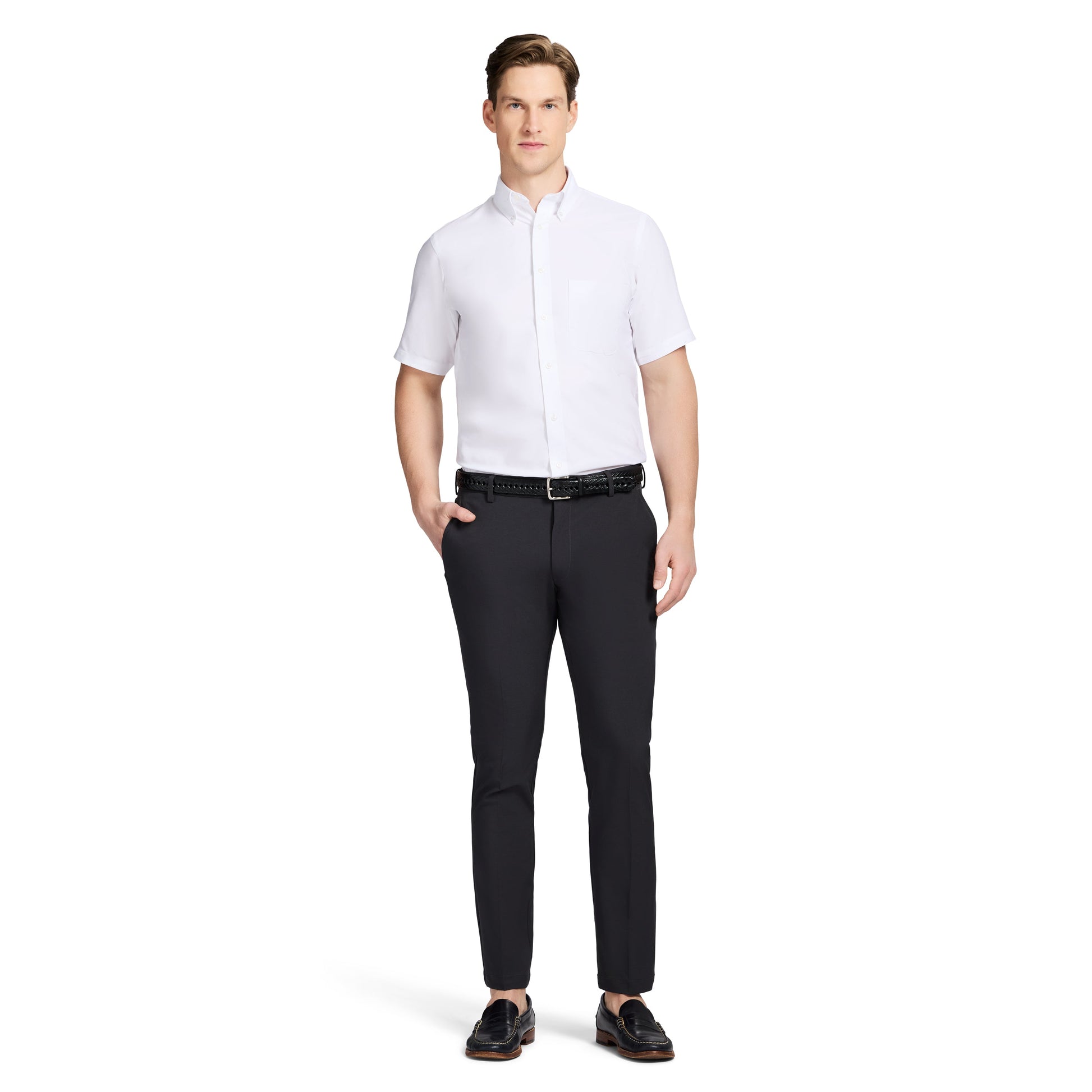 Izod ALL-OVER STRETCH S/S BUTTON-DOWN DRESS SHIRT - BRIGHT WHITE
