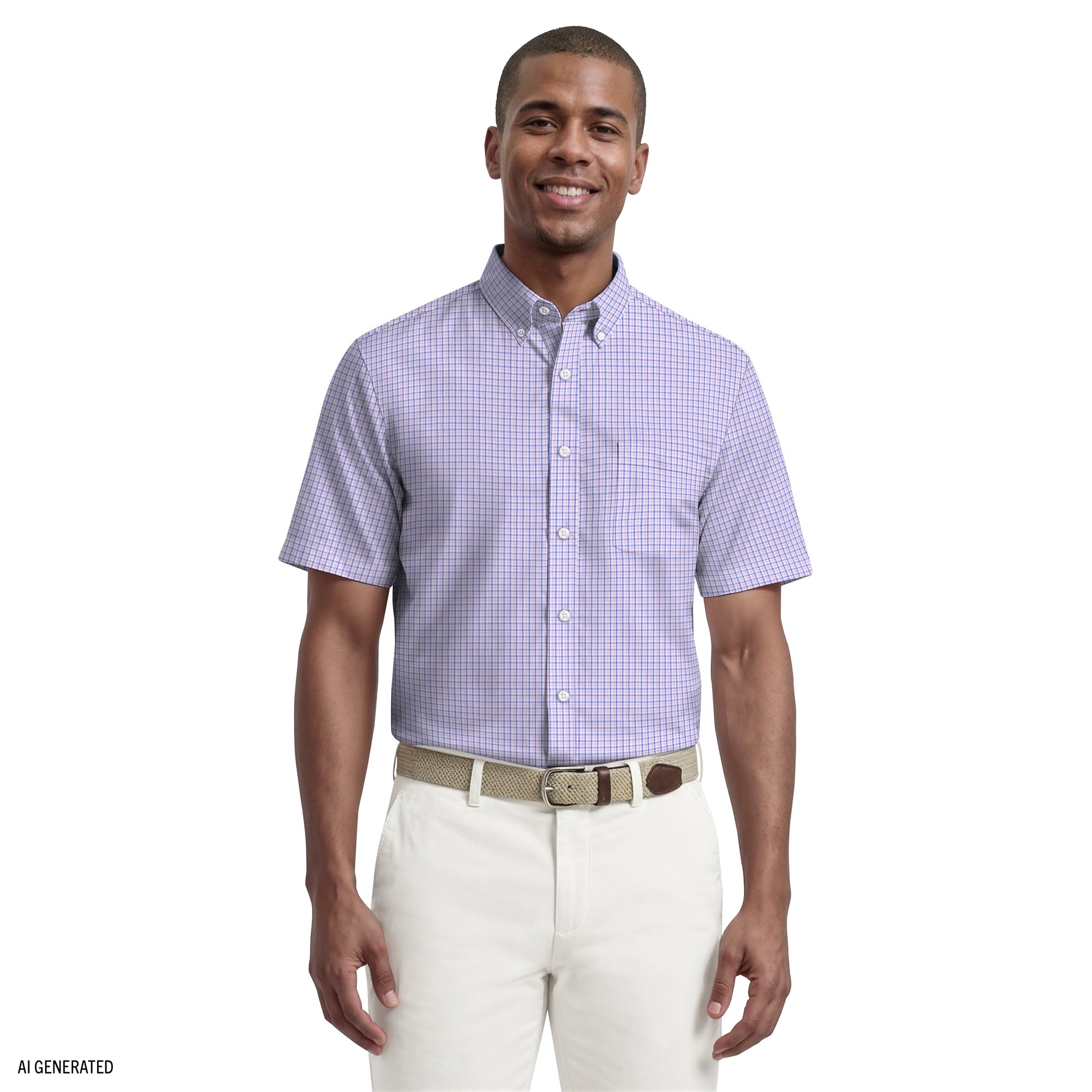 Izod ALL-OVER STRETCH S/S PLAID BUTTON-DOWN DRESS SHIRT - PRISM PINK