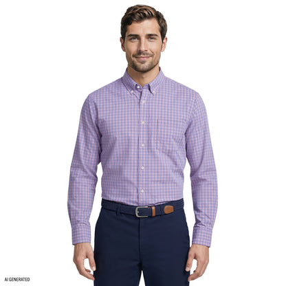 Izod ALL-OVER STRETCH L/S PLAID BUTTON-DOWN DRESS SHIRT - LILAC