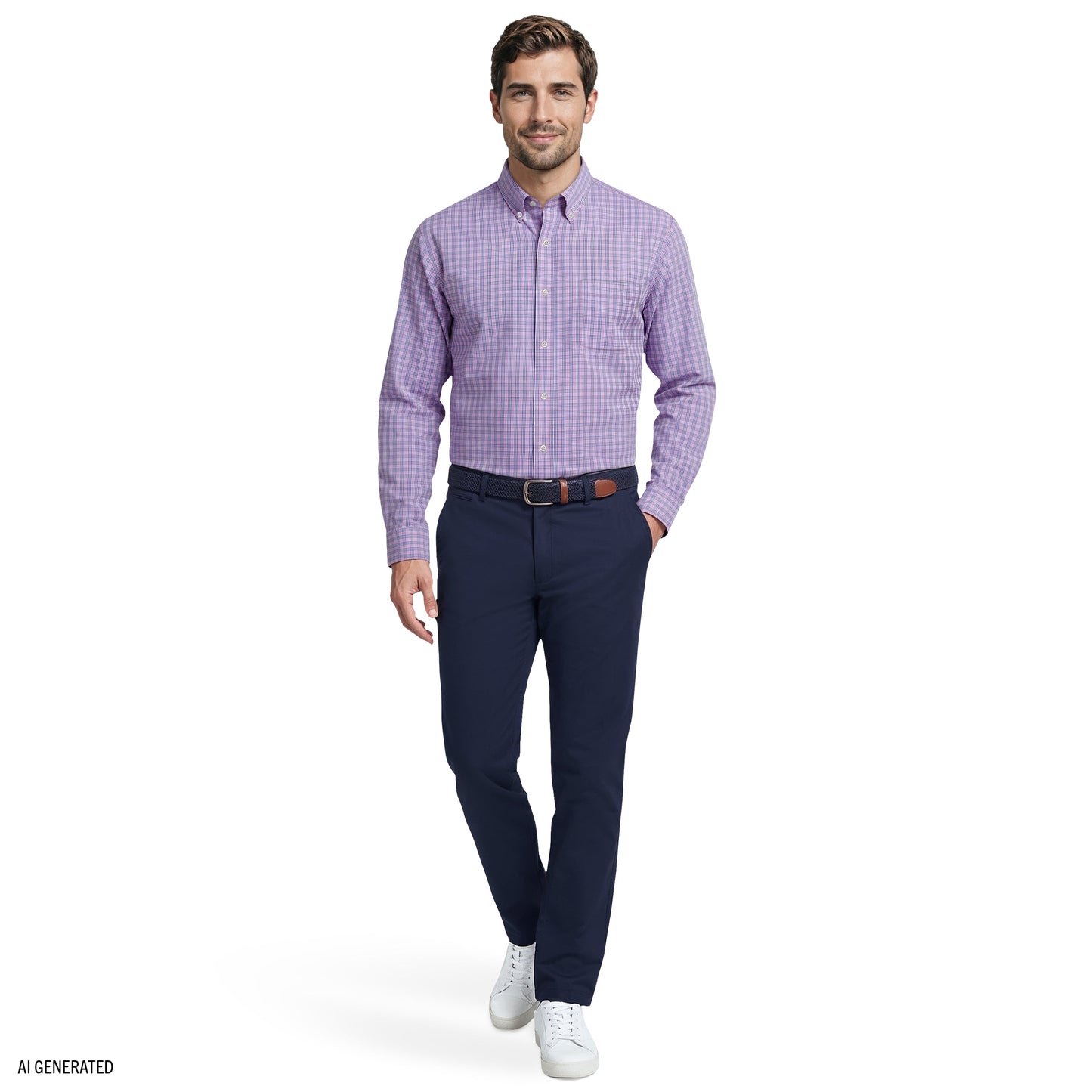Izod ALL-OVER STRETCH L/S PLAID BUTTON-DOWN DRESS SHIRT - LILAC