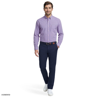 Izod ALL-OVER STRETCH L/S PLAID BUTTON-DOWN DRESS SHIRT - LILAC