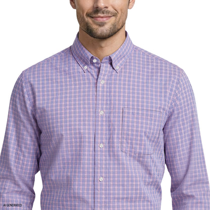 Izod ALL-OVER STRETCH L/S PLAID BUTTON-DOWN DRESS SHIRT - LILAC