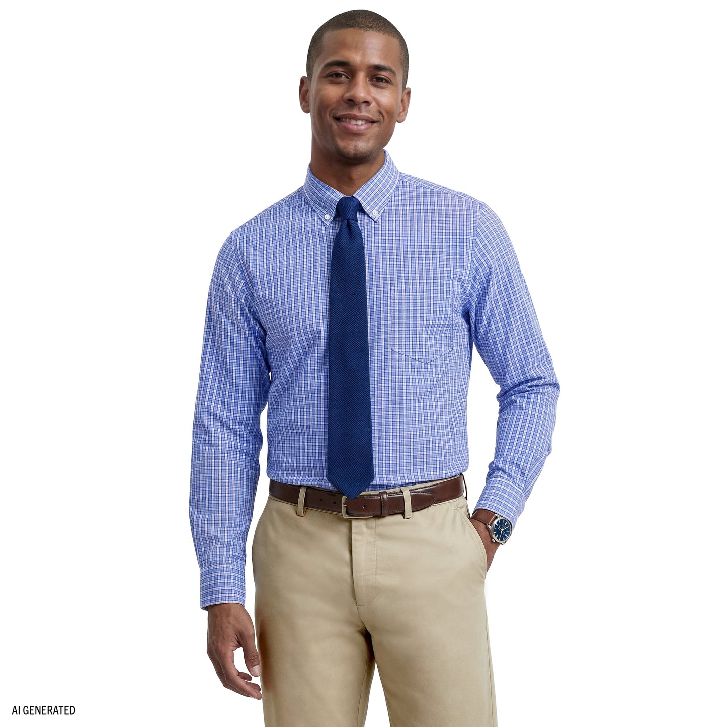 Izod ALL-OVER STRETCH L/S PLAID BUTTON-DOWN DRESS SHIRT - ULTRAMARINE
